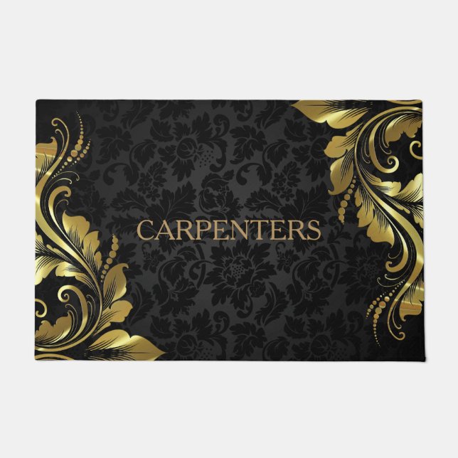 Schwarzer Floral Damask und Metallgoldspitze Fußmatte (Vorderseite)