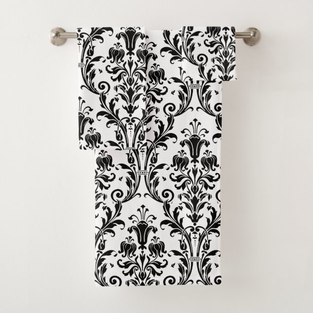 Schwarzer Floral-Damast in Weiß Badhandtuch Set (Insitu)