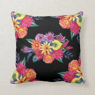 Schwarzer Floral Fiesta mexikanische Blume Katzenp Kissen