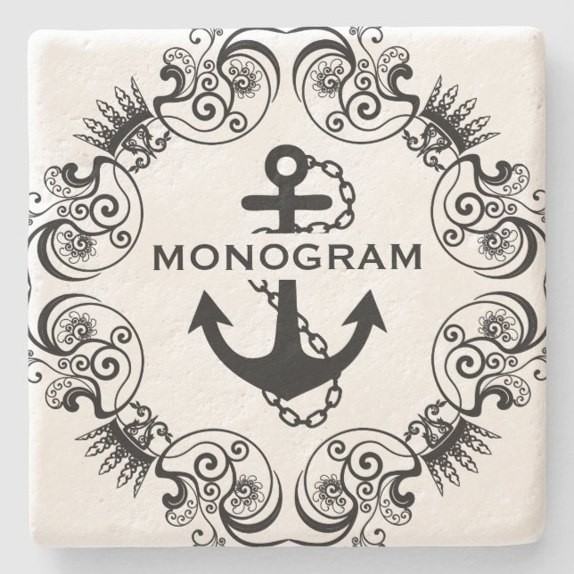 Schwarzer Floral Rahmen & Nautical Anchor monogram Steinuntersetzer (Vorderseite)