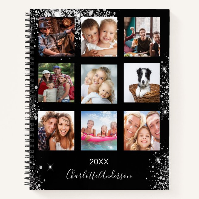 Schwarzer Foto Collage Monogramm Glitzer Notizbuch (Vorderseite)