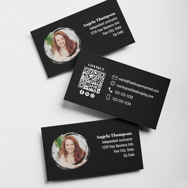 Schwarzer Foto-QR-Code Social Media Visitenkarte (Black photo and QR code template business cards. )