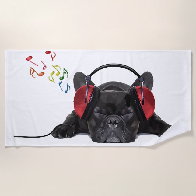Schwarzer französischer Bulldog, der zu Seinen Pun Strandtuch (Vorderseite)