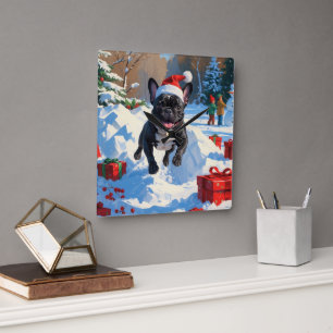 Schwarzer Französischer Bulldogge Weihnachts-Fests Quadratische Wanduhr