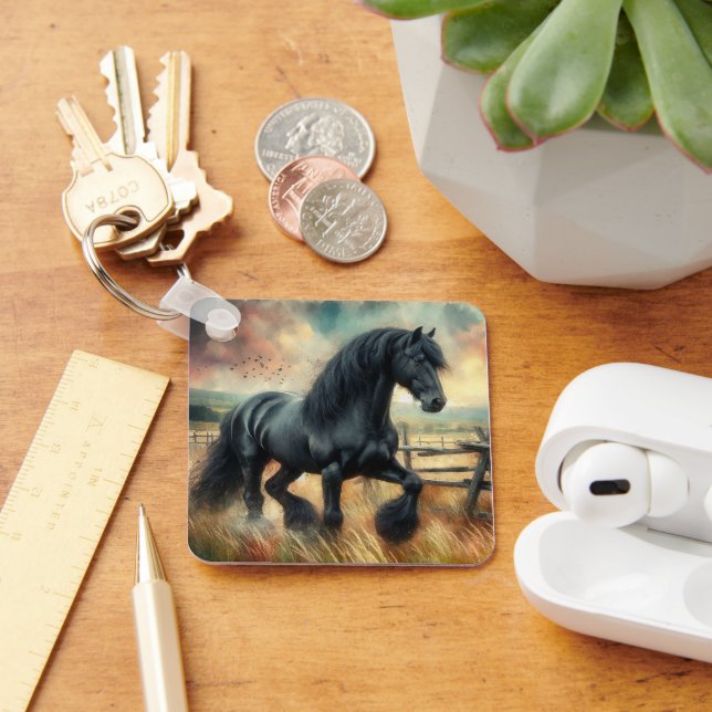 Schwarzer Fresischer Pferdeweiden Rustikaler Zaun Schlüsselanhänger (Schreibtisch)