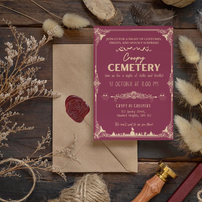 Schwarzer Friedhof mit Pfirsichfarben-Orange Einladung (Creepy Cemetery Dark Pink with Peach-Orange Invitation Cover from The Beekeeper Store)
