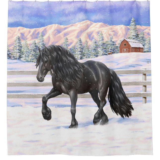 Schwarzer Friesian Draft Horse Trott in Snow Duschvorhang (Vorderseite)