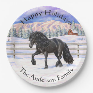 Schwarzer Friesian Draft Horse Trott in Snow Pappteller