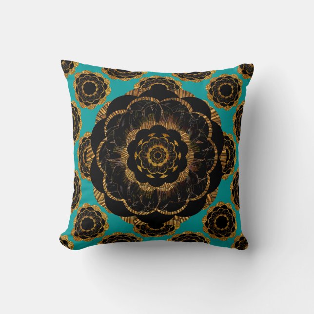 Schwarzer gelbes GoldMandala-Entwurf - Aqua Kissen (Vorderseite)