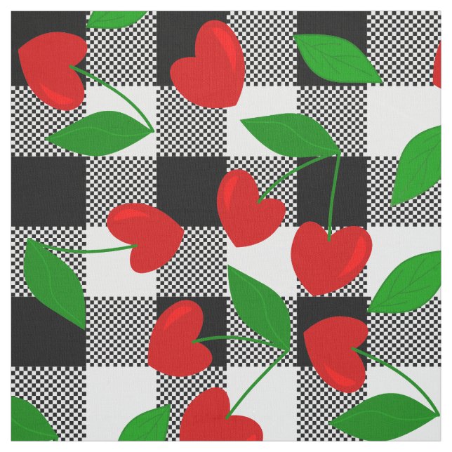 schwarzer Gingham-Herzform-Kirsche Rockabilly Stoff (Muster)