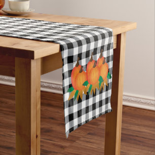 Schwarzer Gingham-Muster und Kürbis-Tischläufer Kurzer Tischläufer