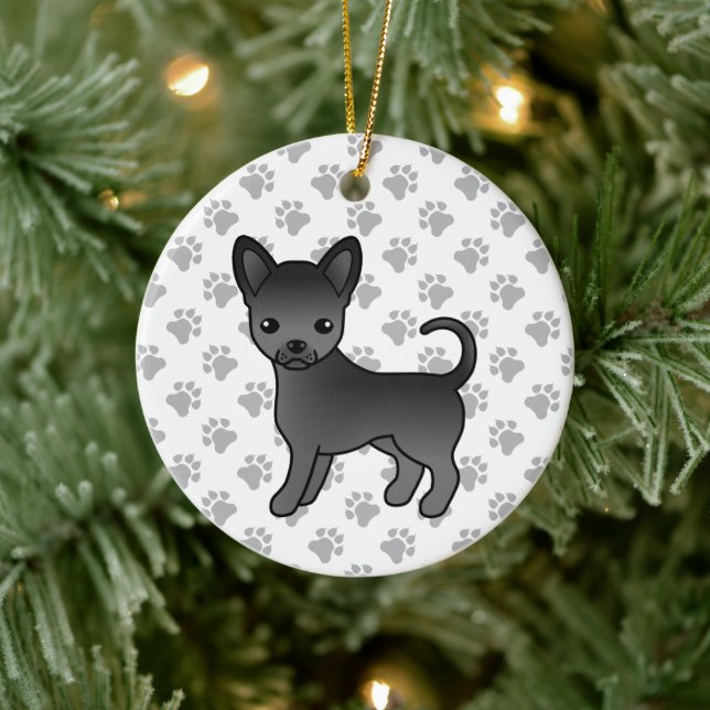 Schwarzer, glatter Coat Chihuahua Cartoon Dog & Pa Keramik Ornament (Baum)
