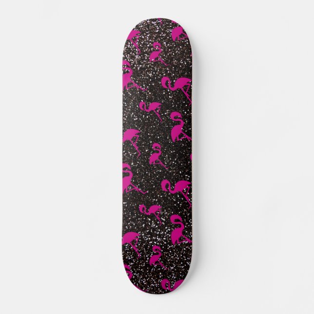 Schwarzer Glitterrosaflamingo Skateboard (Vorderseite)