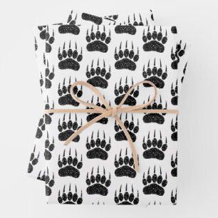 Schwarzer Glitzer Bärenpaw Print Zeichnend Geschenkpapier Set