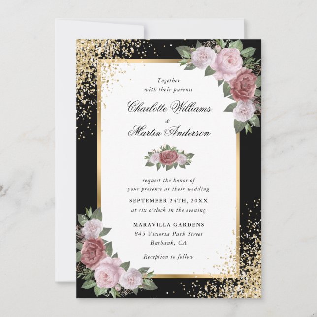 Schwarzer Glitzer Blush Pink Blumenzwiebelhochzeit Einladung (Vorderseite)