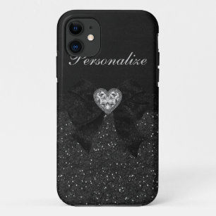 Schwarzer Glitzer, Diamantherz und Bow iPhone 11 Hülle