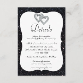 Schwarzer Glitzer Diamantherzen Hochzeitsdetails Begleitkarte