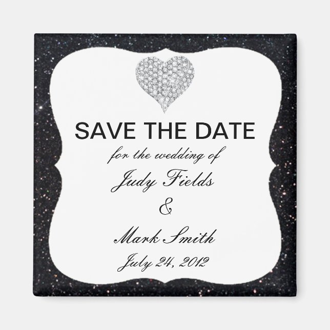 Schwarzer Glitzer Diamond Heart speichern Datum Ma Magnet (Vorne)