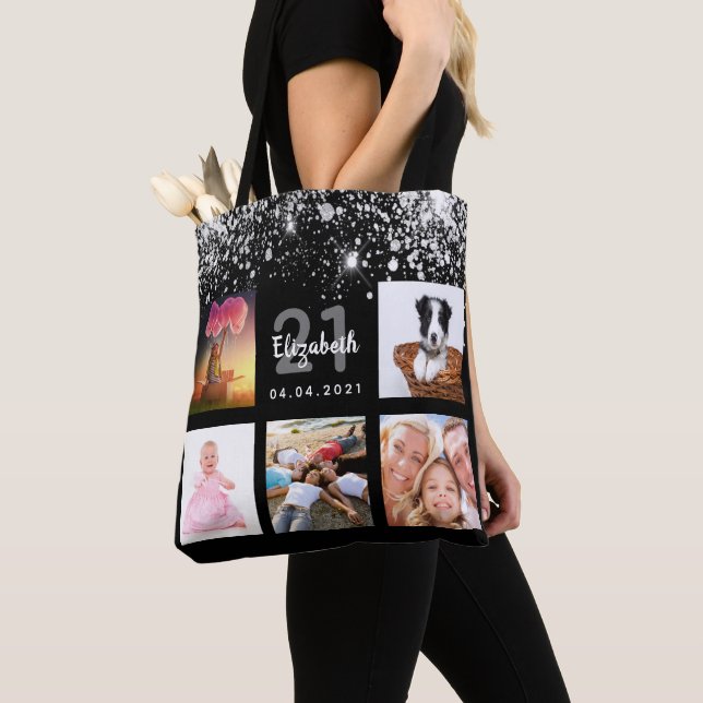 Schwarzer Glitzer Foto Collage Name Geburtstag Tasche (Von Nahem)
