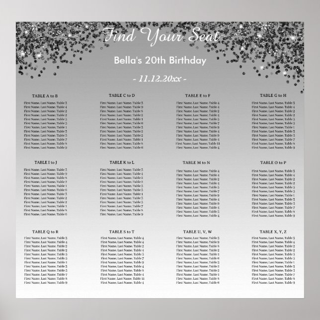 Schwarzer Glitzer Geburtstag Alphabetischer Sitzpl Poster (Vorne)