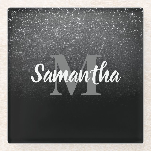 Schwarzer Glitzer Glasuntersetzer (Vorderseite)