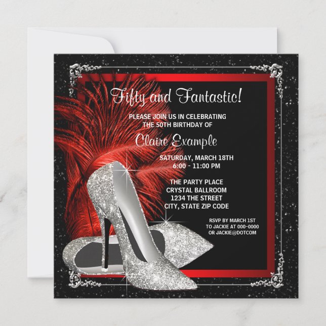 Schwarzer Glitzer High Heels Frauen 50. Geburtstag Einladung (Vorderseite)