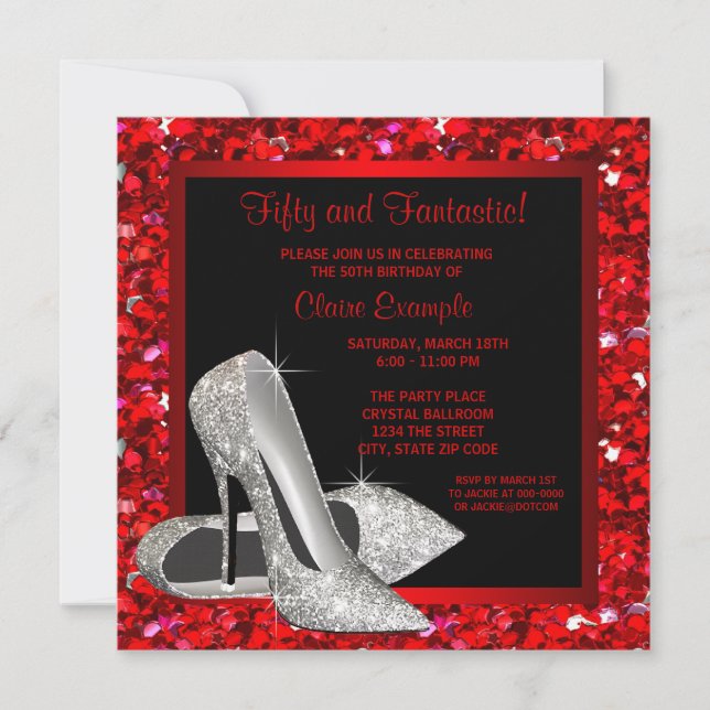 Schwarzer Glitzer High Heels Frauen 50. Geburtstag Einladung (Vorderseite)