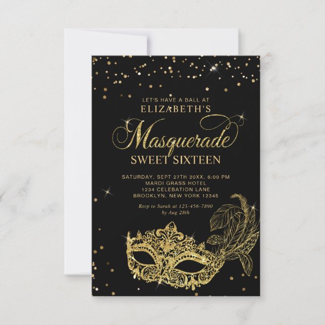 Schwarzer Glitzer-Masquerade Sweet 16 Mitteilungskarte (Vorderseite)