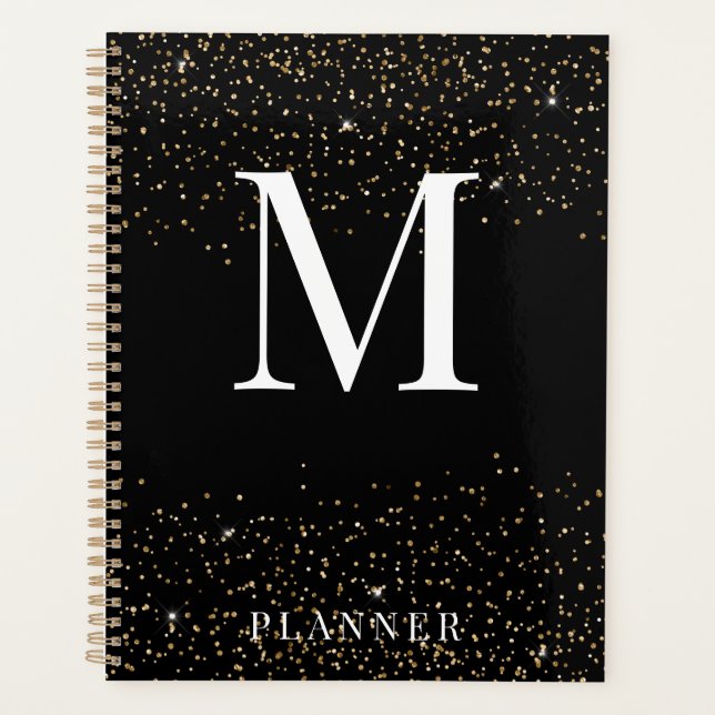 Schwarzer Glitzer Modernes Glam Monogram Planer (Vorderseite)