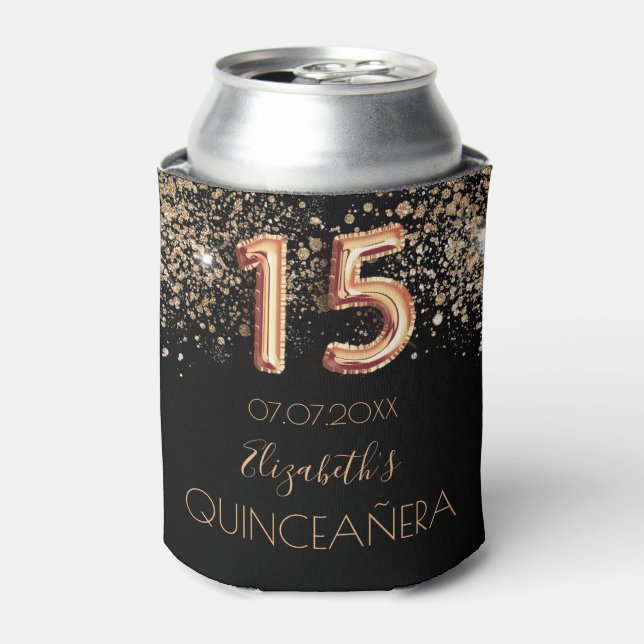 Schwarzer Glitzer-Monogramm-Funkeln aus Quinceaner Dosenkühler (Kanne Vorderseite)