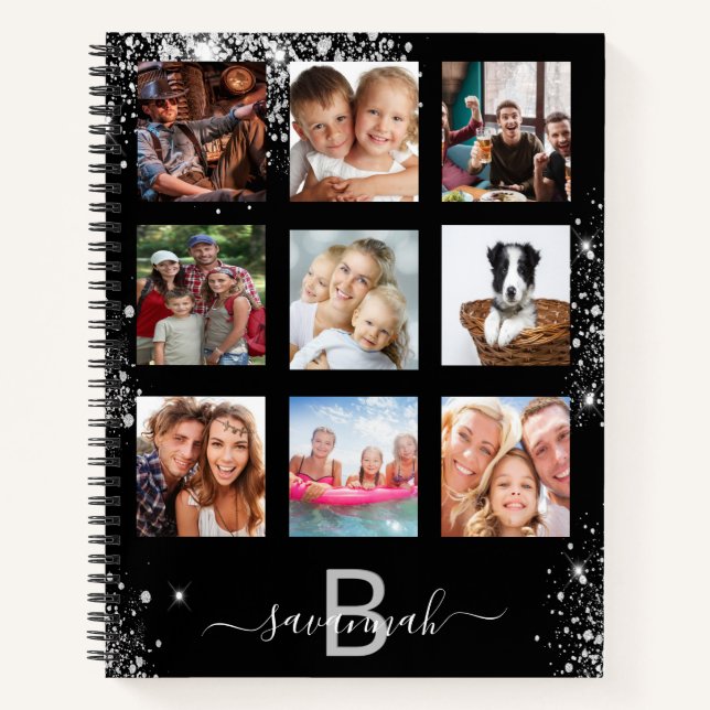 Schwarzer Glitzer Name Monogramm Foto Collage Notizbuch (Vorderseite)