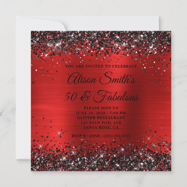 Schwarzer Glitzer Red Foil 50 und fabelhafter Gebu Einladung (Vorderseite)