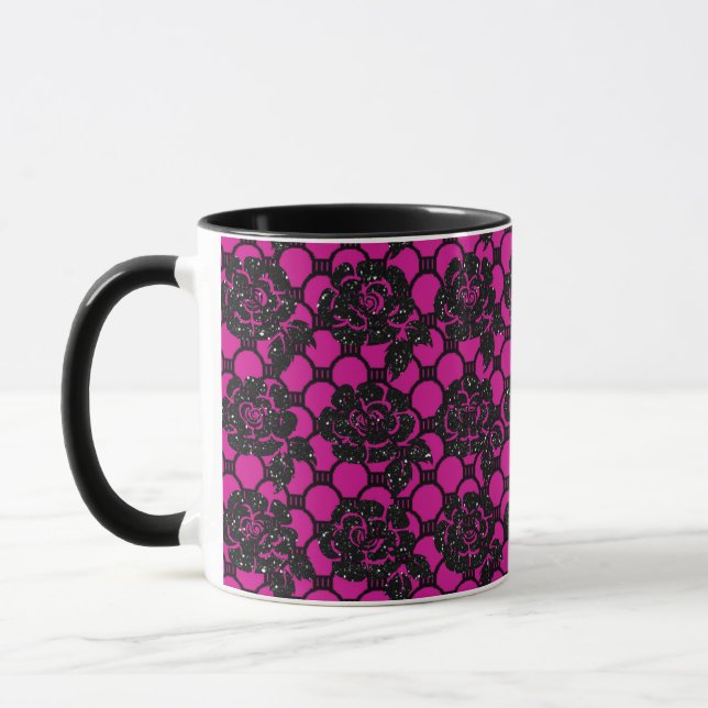 Schwarzer Glitzer romantische Blumenspitze und Fus Kaffeetasse (Links)