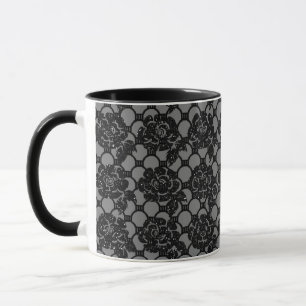 Schwarzer Glitzer romantische Blumenspitze und gra Tasse