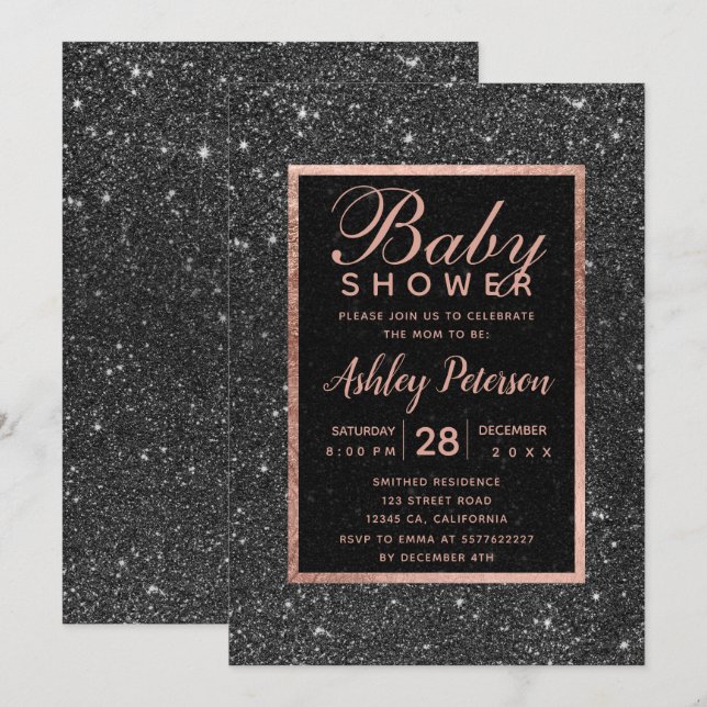 Schwarzer Glitzer Rose Goldtypografie Babydusche Einladung (Vorne/Hinten)