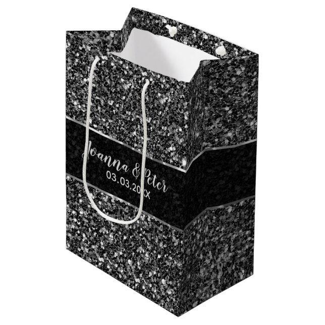 Schwarzer Glitzer - Save the Date Mittlere Geschenktüte (Vorderseite Schrägansicht)