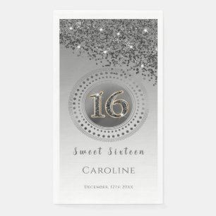 Schwarzer Glitzer & Silber Sweet 16 Mit Monogramm Serviette