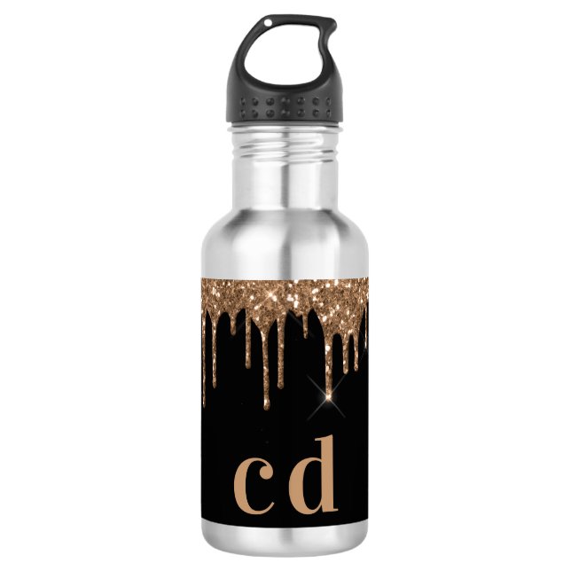 Schwarzer Glitzer Tropfen monogramm funkelnd elega Edelstahlflasche (Vorderseite)