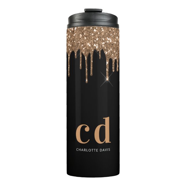 Schwarzer Glitzer Tropfen monogramm funkelnd elega Thermosbecher (Vorderseite)