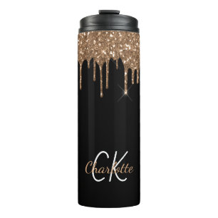Schwarzer Glitzer Tropfen Monogramm funkelndes Chi Thermosbecher