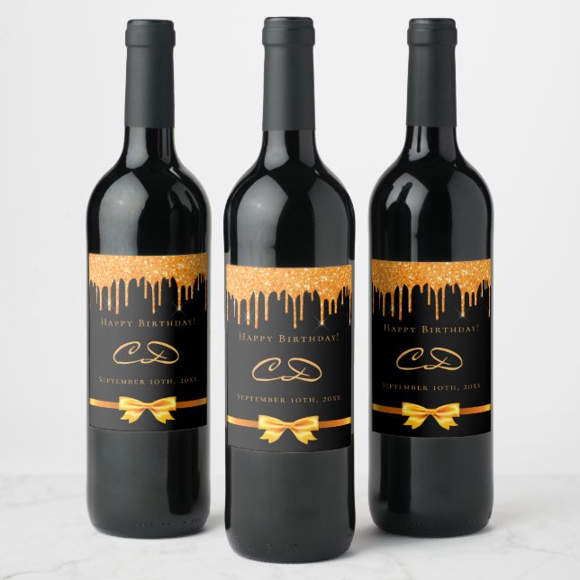 Schwarzer Glitzer Tropfen Monogramm-Initialen am G Weinetikett (Flaschen)