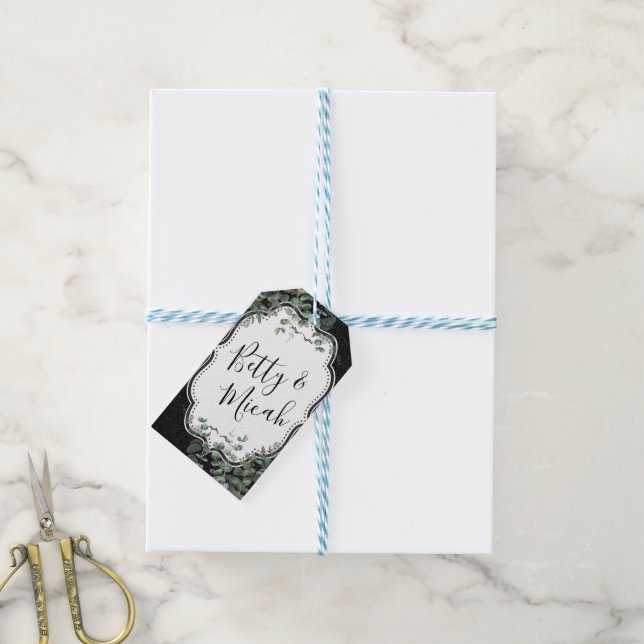 Schwarzer Glitzer und Eukalyptus Bouquet Geschenkanhänger (Mit Garn)