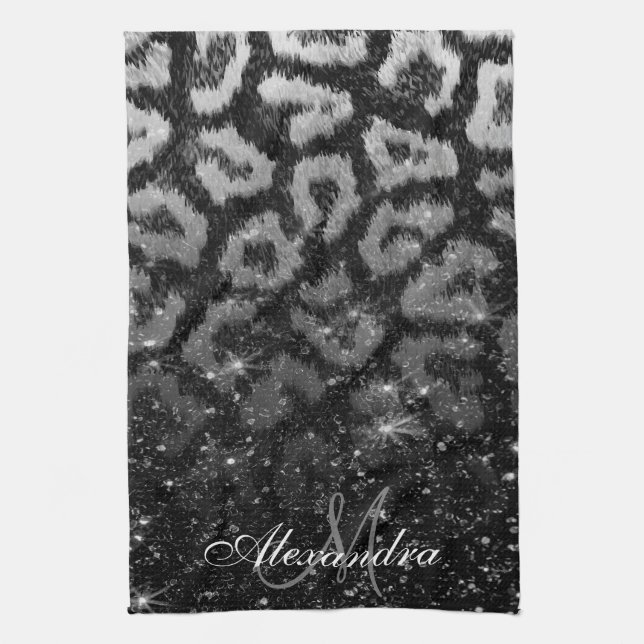 Schwarzer Glitzer und Leopard Geschirrtuch (Vertikal)