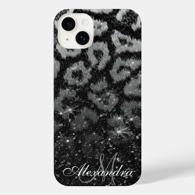 Schwarzer Glitzer und Leopard iPhone 14 Plus Hülle (Rückseite)