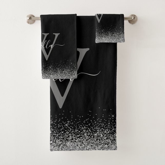 Schwarzer Glitzer verschieben Eleganter Skriptname Badhandtuch Set (Insitu)