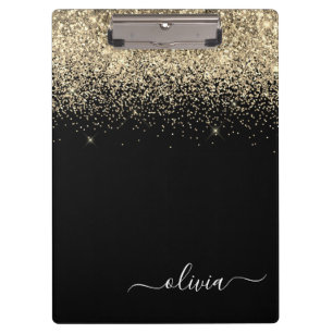 Schwarzer Gold Glitter Girly Monogramm Name Klemmbrett