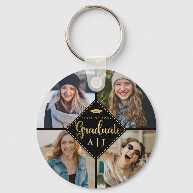 Schwarzer Gold Graduate Foto Collage Abschluss Schlüsselanhänger (Vorderseite)