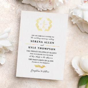 Schwarzer Gold-Lorbeerkranz-Monogramm-Hochzeit Folieneinladung