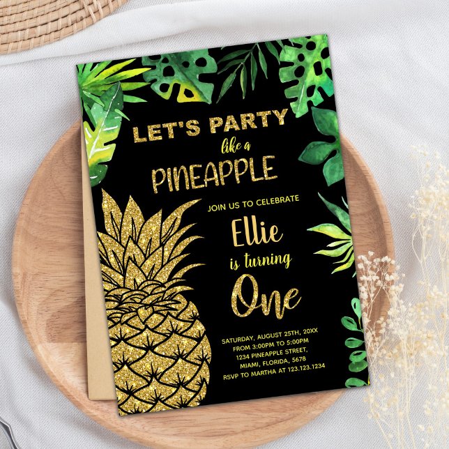 Schwarzer Golden Glitzer Ananas Einladungen (1st Black Golden Glitter Pineapple Invitations)