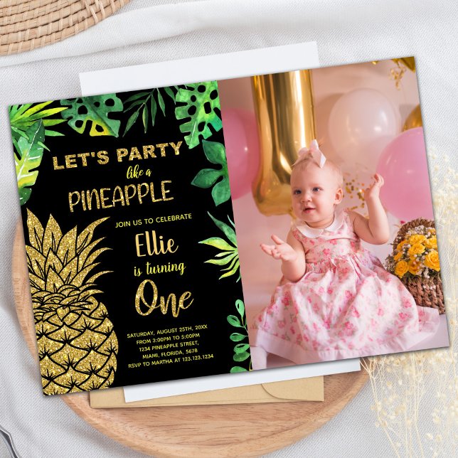 Schwarzer Golden Glitzer Ananas mit Foto Einladung (1st Black Golden Glitter Pineapple with photo Invitation)